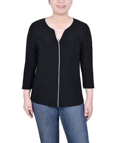 Ny Collection Women's 3/4 Sleeve Piped Top In Black White