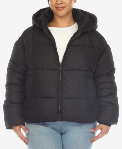 White Mark Plus Size Hooded Bomber Puffer Coat In Black