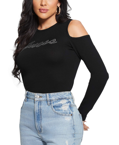 Guess Women's Cold-shoulder Long-sleeve Logo Sweater In Jet Black A