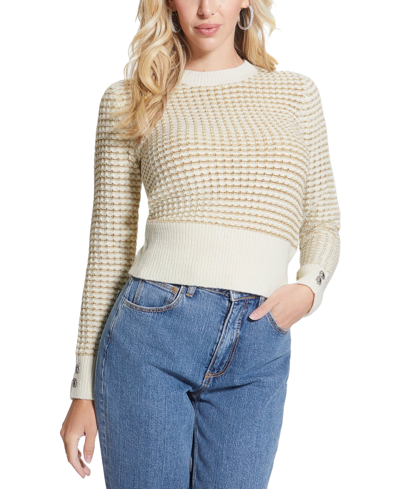 Guess Women's Georgie Waffle-knit Crewneck Sweater In Cream White Multi