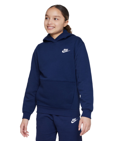 Nike Sportswear Big Kids Club Fleece Pullover Hoodie In Midnight Navy,white