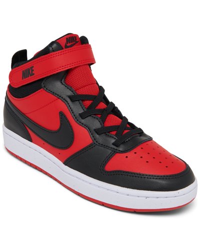 Nike Kids' Little Boys Court Borough Mid 2 Stay-put Closure Casual Sneakers From Finish Line In University Red,black