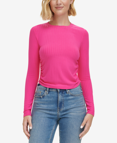 Calvin Klein Jeans Est.1978 Women's Crewneck Side-ruched Top, Created For Macy's In Electric Pink