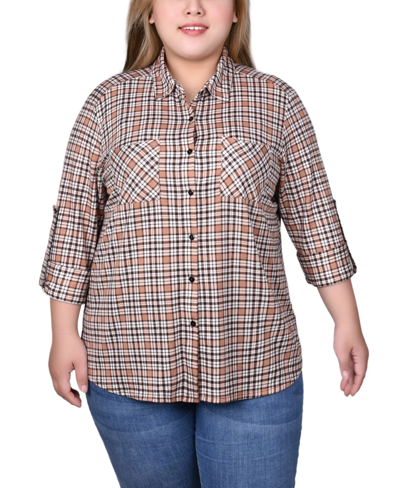 Ny Collection Plus Size Long Sleeve Button Front Tunic Top In Tan Plaid