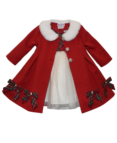 Blueberi Boulevard Baby Girls Holiday Plaid Fit-and-flare Sparkle Dress With Swing Coat Set In Bright Holiday Red