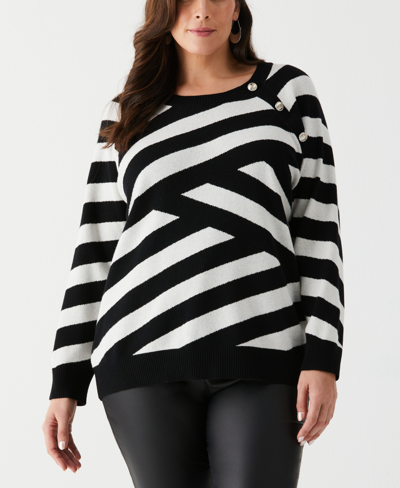 Ella Rafaella Plus Size Patterned Button Trim Long Sleeve Sweater In Black