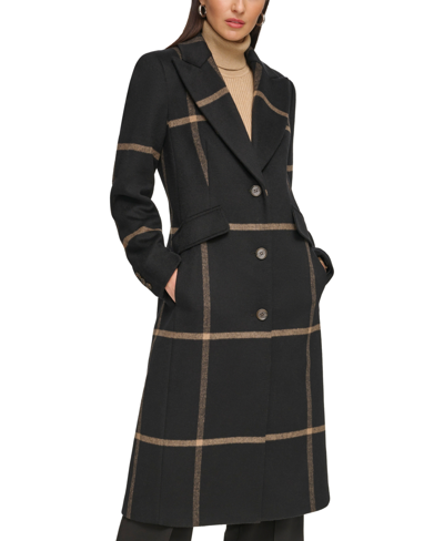 Dkny Women's Single-breasted Wool Blend Reefer Coat In Black Plaid