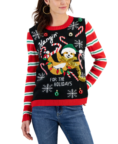 Planet Heart Juniors' Hangin' For The Holidays Sloth Sweater In True Red Combo