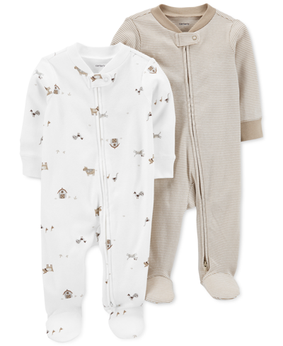 Carter's Baby Boys Or Baby Girls Two Way Zip Footed Coveralls, Pack Of 2 In Ivory,tan Multi