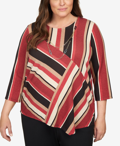 Alfred Dunner Plus Size Park Place Spliced Stripe Asymmetric Hem Top In Multi