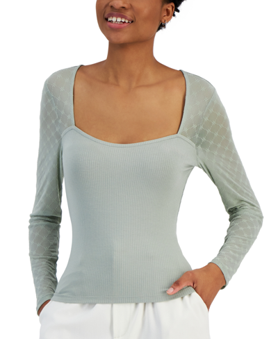 Crave Fame Juniors' Flocked Illusion Mesh-sleeve Top In Desert Sage