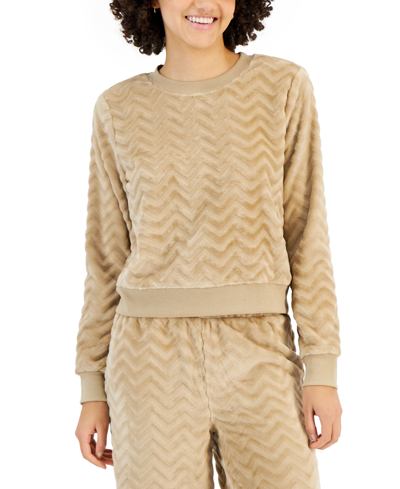 Crave Fame Juniors' Cozy Faux-fur Embossed Crewneck Sweatshirt In Natural Tan Chevron