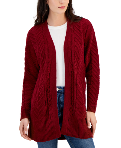 Planet Heart Juniors' Mixed-stitch Open-front Chenille Cardigan In Rhubard