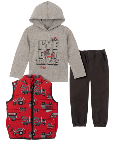 Kids Headquarters Kids' Little Boys Hooded Truck T-shirt, Printed Puffer Vest And Twill Joggers, 3 Piece Set In Red