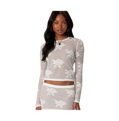 Edikted Saga Floral Jacquard Open Stitch Sweater In White