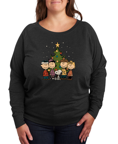 Air Waves Trendy Plus Size Snoopy Christmas Tree Graphic Long Sleeve Pullover Top In Gray