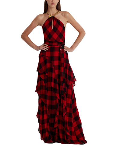 Ralph Lauren Buffalo Check Georgette Halter Gown In Red,black | ModeSens