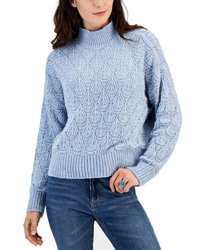 Sugar Moon Juniors' Mock-neck Chenille Pointelle Sweater In Light Blue