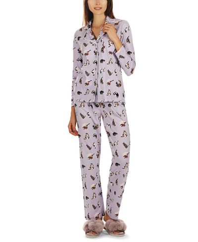 Memoi Women's Crazy Cats 2 Piece Cotton Blend Pajama Set In Purple Heather