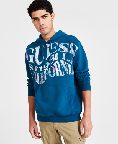Guess Men's Long Sleeve Logo Graphic Hoodie In Bold Teal