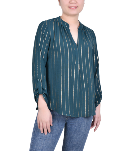 Ny Collection Petite Long Sleeve Foil Striped Blouse In Hunter