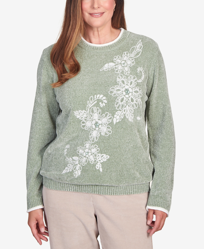 Alfred Dunner Plus Size St.moritz Embroidered Chenille Crew Neck Sweatshirt In Sage