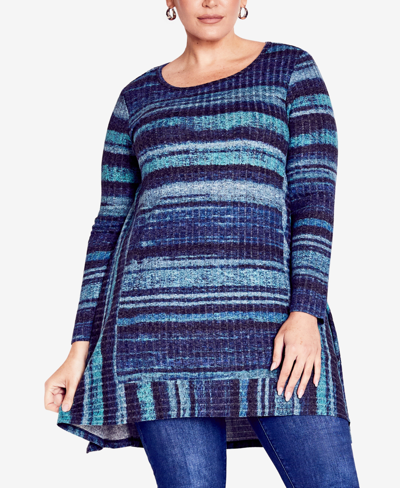 Avenue Plus Size Ellie Rib Long Sleeve Tunic Top In Blue Combo