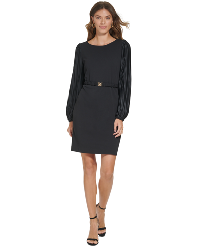 Dkny Pleated-sleeve Round-neck Belted Dress In Black,black