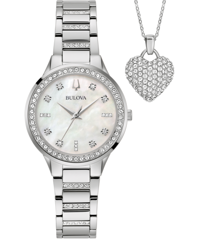 Bulova Women's Classic Crystal Stainless Steel Bracelet Watch Box Set 30mm In Silver