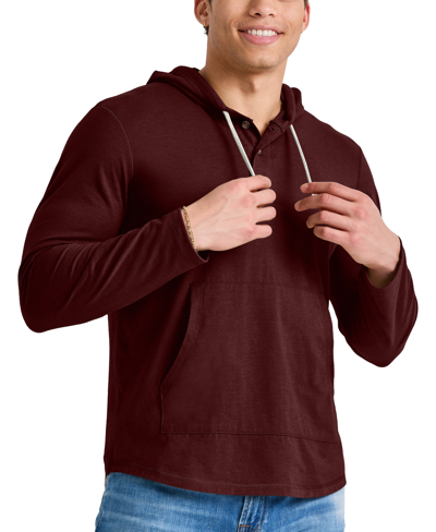 Alternative Apparel Men's Hanes Originals Cotton Henley Hooded Sweatshirt In Mulled Berry