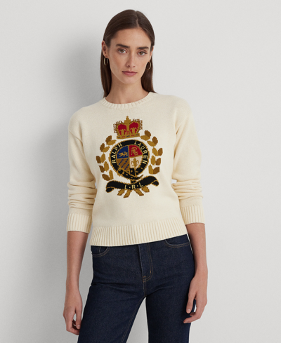 Lauren Ralph Lauren Intarsia-knit Crest Cotton-blend Sweater In Mascarpone Cream