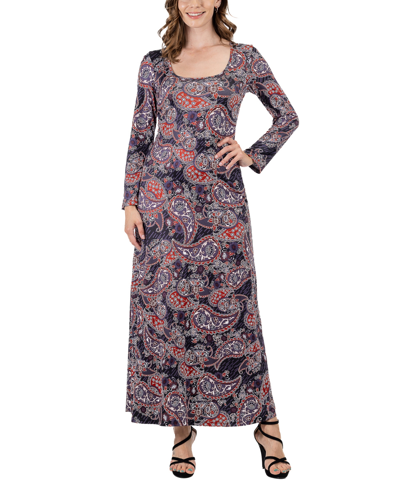 24seven Comfort Apparel Plus Size Long Sleeve A-line Maxi Dress In Purple Multi