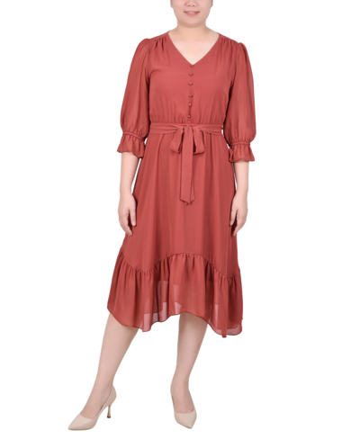 Ny Collection Women's 3/4 Sleeve V-neck Flounced Dress In Marsala