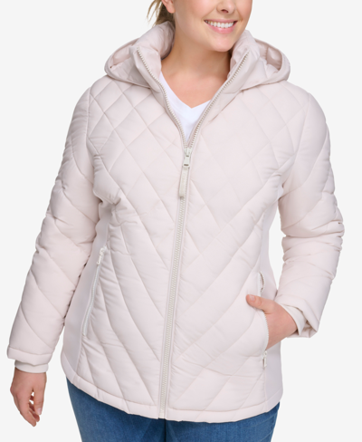 Calvin Klein Plus Size Hooded Packable Puffer Coat, Created For Macy's In Oyster