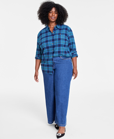 On 34th Plus Size Cotton Flannel Plaid Tunic Shirt, Created For Macy's In Blue Purple
