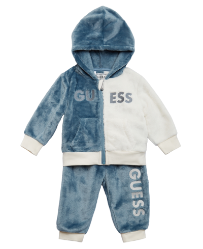 Guess Baby Boys Velour Zip Up Sweatshirt And Joggers, 2 Piece Set In Blue