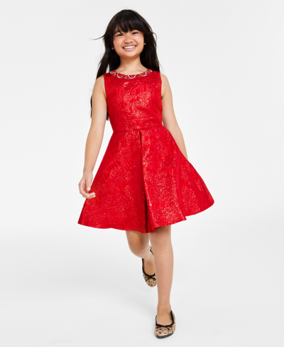 Rare Editions Kids' Big Girls Sleeveless Brocade Social Dress In Red