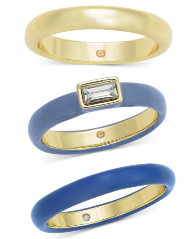 On 34th Gold-tone 3-pc. Set Crystal & Color Stack Rings, Created For Macy's In Blue