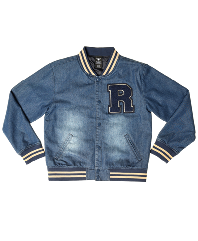 Ring Of Fire Kids' Big Boys Letterman Patch And Ribbed Details Denim Bomber Jacket In Dutch Wash