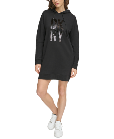 Dkny Sport Women's Sequin Logo Hoodie Dress In Black,black