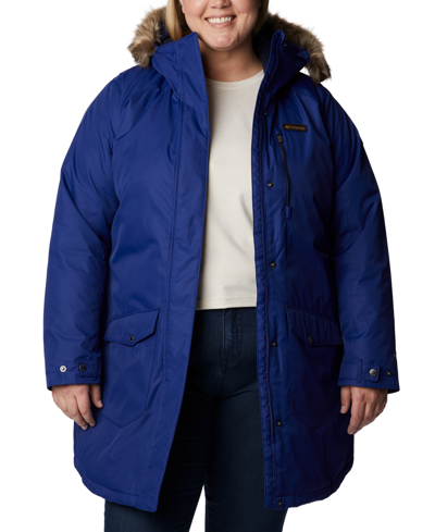 Columbia Plus Size Suttle Mountain Hooded Faux-fur-trim Long Insulated Jacket In Dark Sapphire