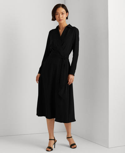 Lauren Ralph Lauren Women's Self-belt Long-sleeve Surplice Georgette Midi Dress In Black