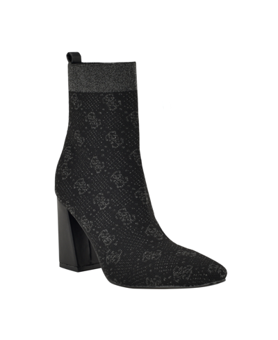 Guess Women's Yonel Block Heel Stretch Knit Logo Dress Booties In Black