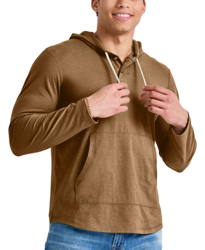 Alternative Apparel Men's Hanes Originals Cotton Henley Hooded Sweatshirt In Acorn Brown