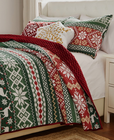 Greenland Home Fashions Fair Isle Velvet Reversible 3 Piece Quilt Set, King In Red