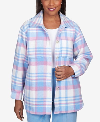 Alfred Dunner Petite Swiss Chalet Collared Plaid Shirt Jacket In Multi