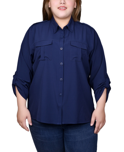 Ny Collection Plus Size 3/4 Sleeve Roll Tab Blouse In Sky Diver