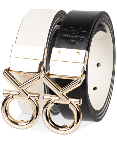 Calvin Klein Women's Reversible Puffed Ck Monogram Buckle Belt In Bone,black