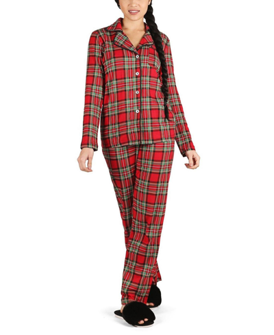 Memoi Women's Plaid Notch Collar Cotton Blend Pajama Set In Red