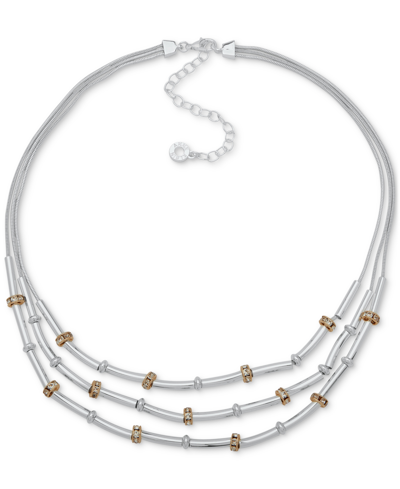 Anne Klein Two-tone Pave Rondelle Bead & Bar Triple-row Statement Necklace, 16" + 3" Extender In Crystal